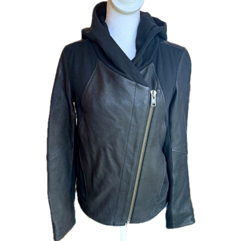 Helmut Lang Lamb Leather Hooded Moto Jacket Asymmetrical Zip in Black Coat Small